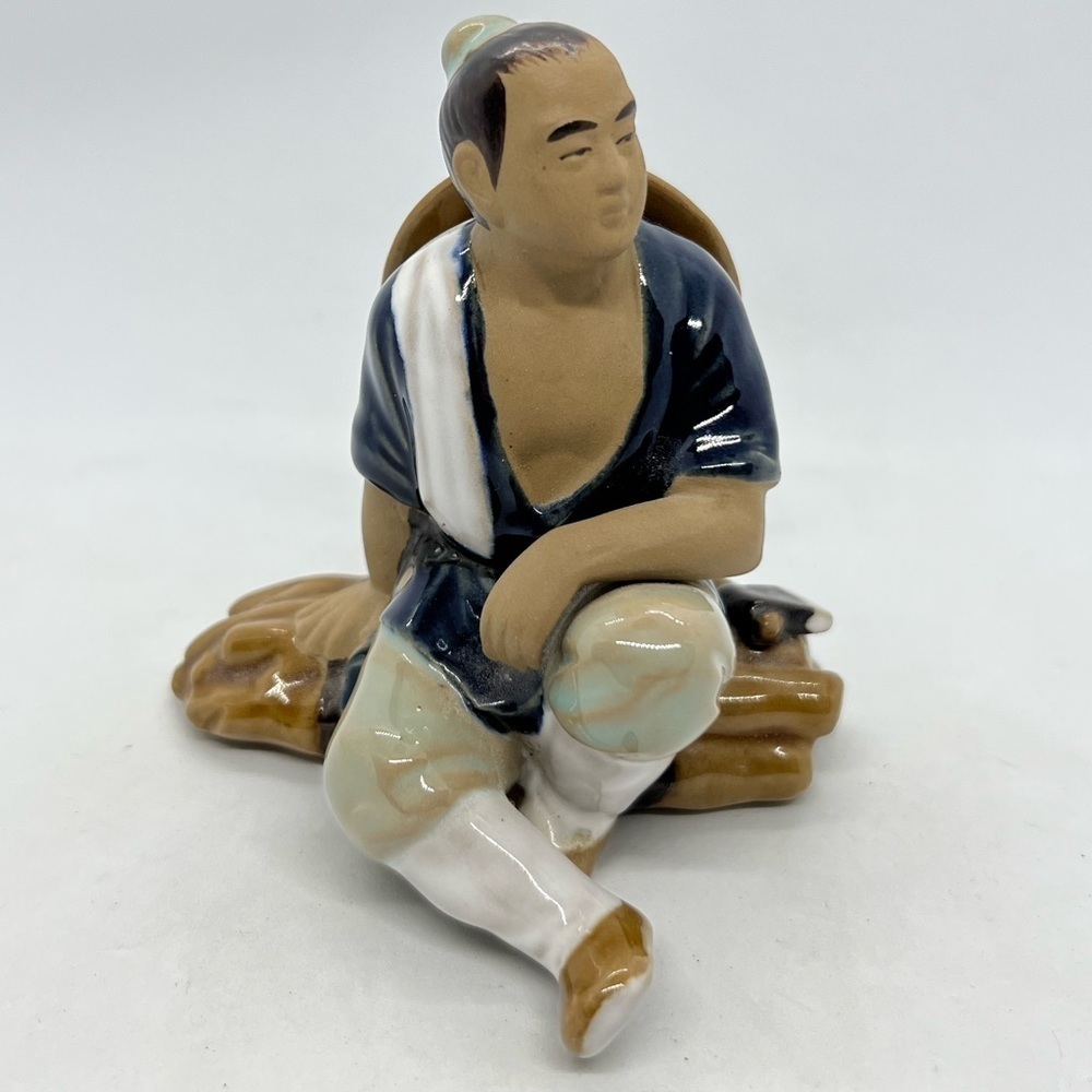Vintage Chinese Wanjiang Mudman on Wood Pile w/ Axe & Hat Figurine-Signed